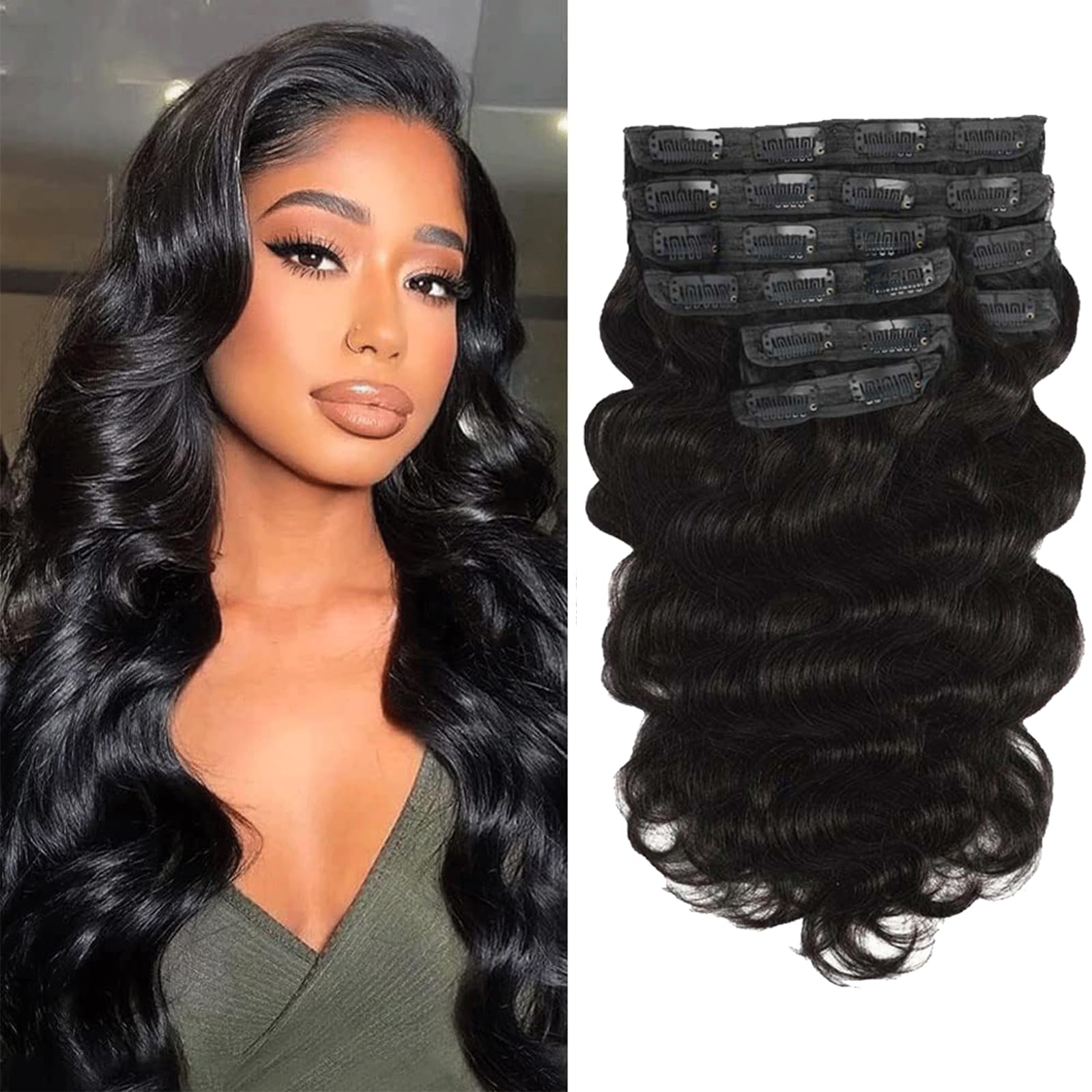 Kinky Straight Clip in Hair Extensions 16 Inch Human Hair Yaki Straight Clip ins Seamless Remy Human Hair Clip in Extensions for Women Natural Black 8Pcs 100g 20 Clips