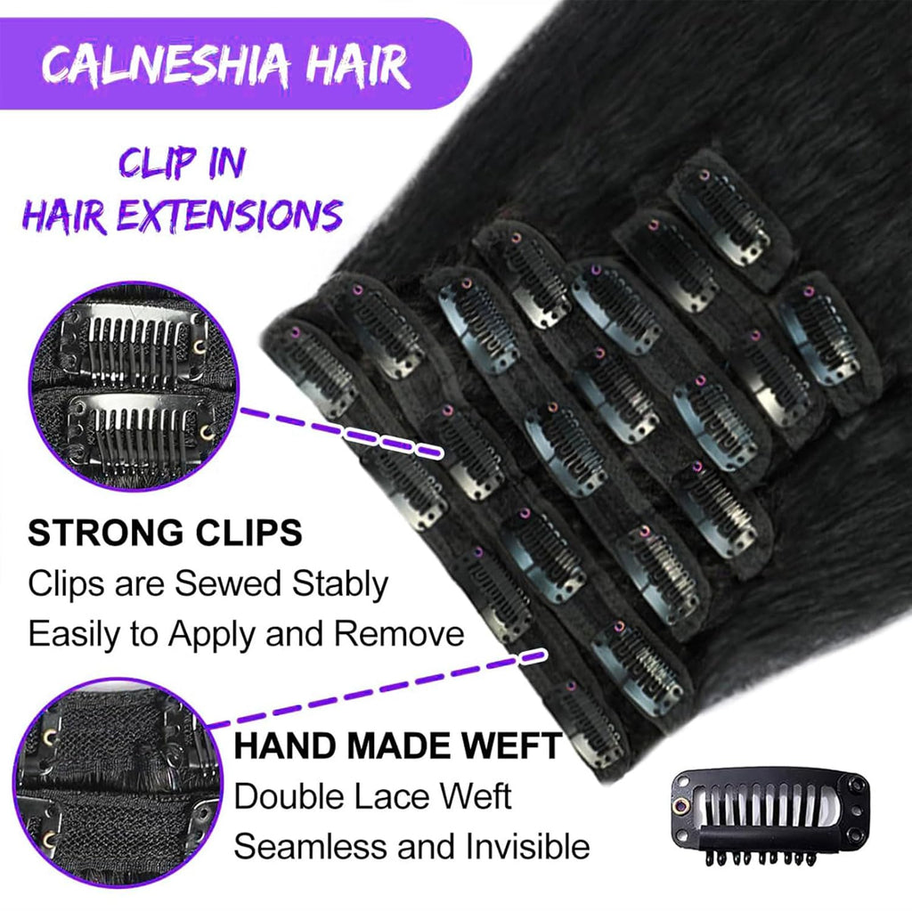 Kinky Straight Clip in Hair Extensions 16 Inch Human Hair Yaki Straight Clip ins Seamless Remy Human Hair Clip in Extensions for Women Natural Black 8Pcs 100g 20 Clips
