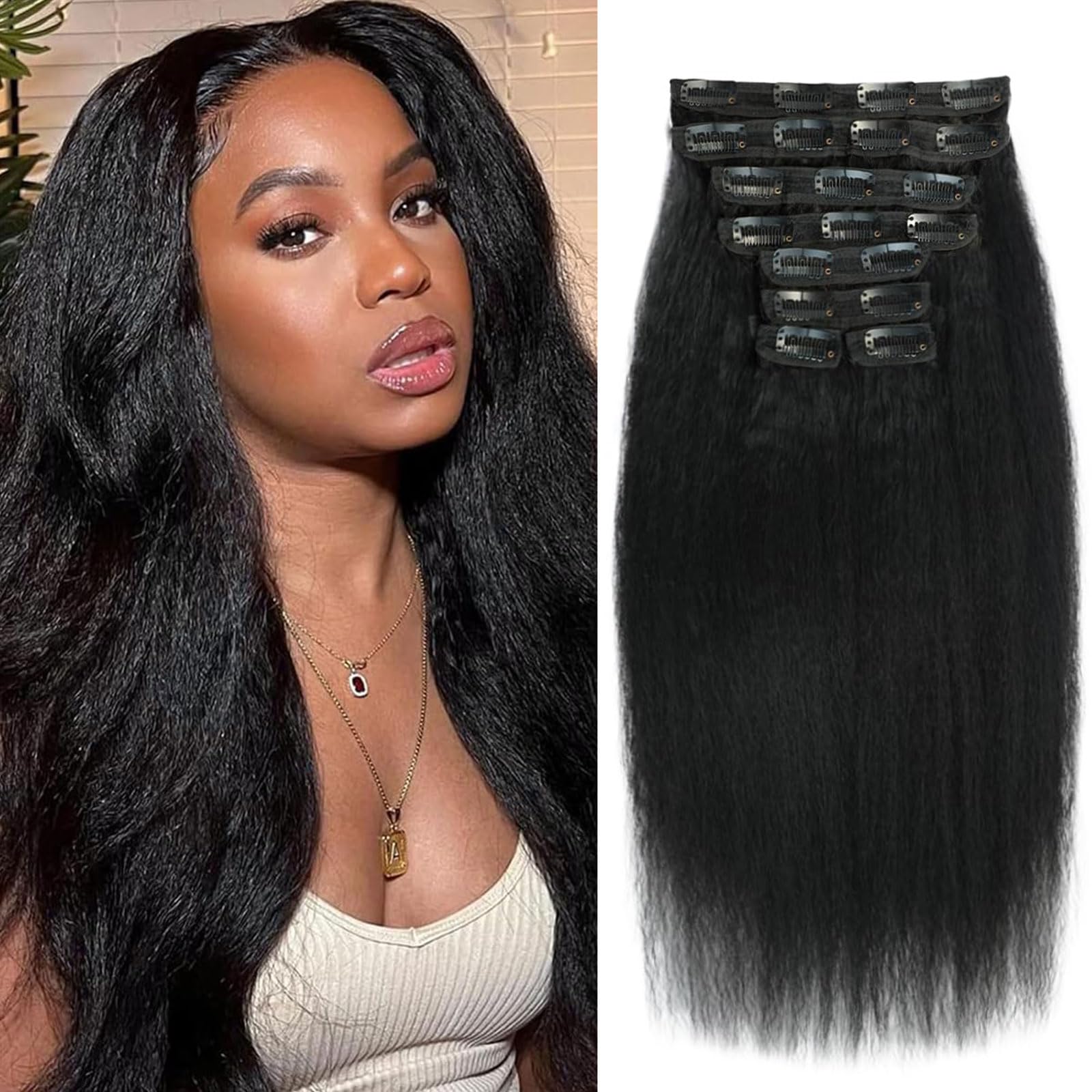 Kinky Straight Clip in Hair Extensions 16 Inch Human Hair Yaki Straight Clip ins Seamless Remy Human Hair Clip in Extensions for Women Natural Black 8Pcs 100g 20 Clips