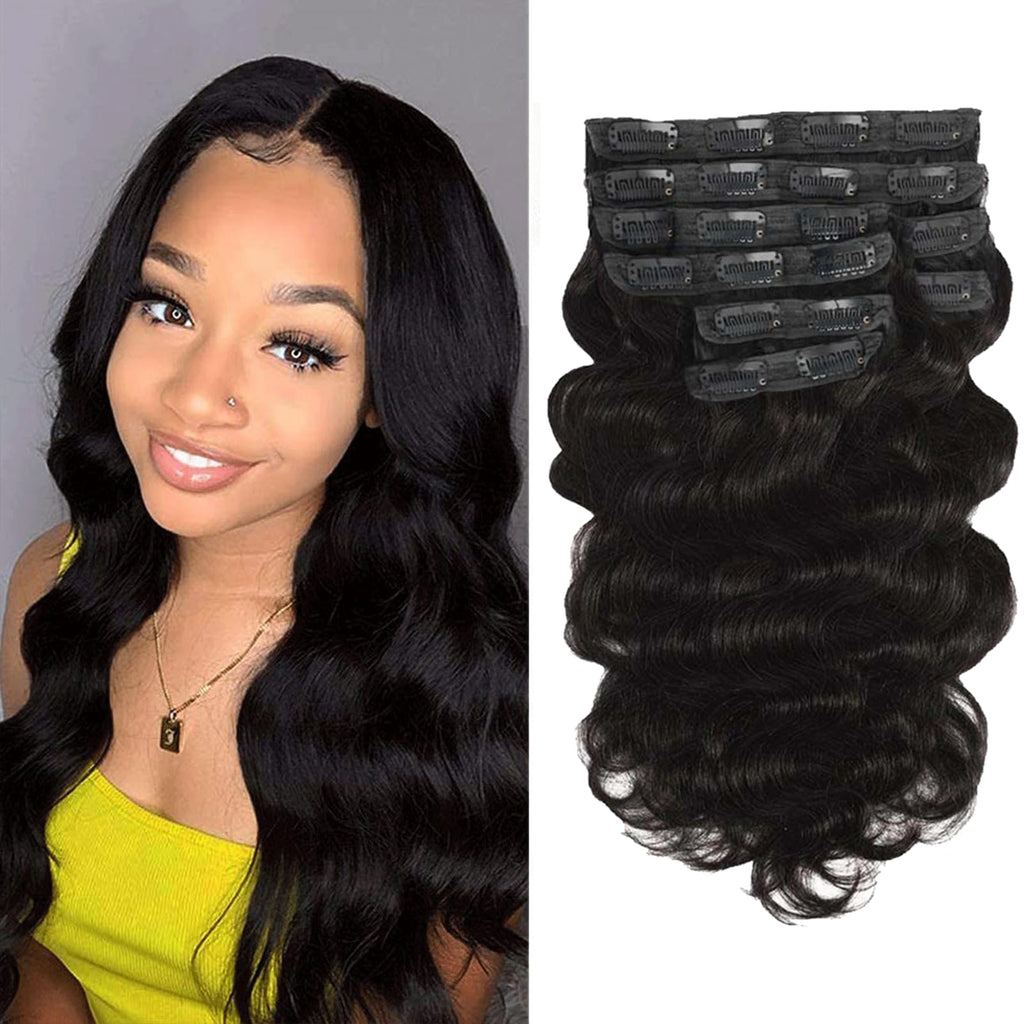 Kinky Straight Clip in Hair Extensions 16 Inch Human Hair Yaki Straight Clip ins Seamless Remy Human Hair Clip in Extensions for Women Natural Black 8Pcs 100g 20 Clips