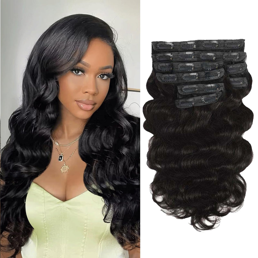 Kinky Straight Clip in Hair Extensions 16 Inch Human Hair Yaki Straight Clip ins Seamless Remy Human Hair Clip in Extensions for Women Natural Black 8Pcs 100g 20 Clips