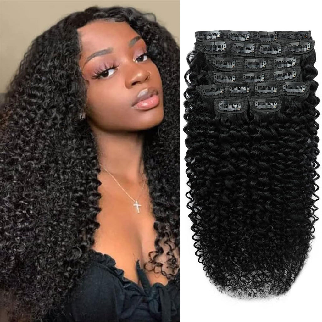 Kinky Straight Clip in Hair Extensions 16 Inch Human Hair Yaki Straight Clip ins Seamless Remy Human Hair Clip in Extensions for Women Natural Black 8Pcs 100g 20 Clips