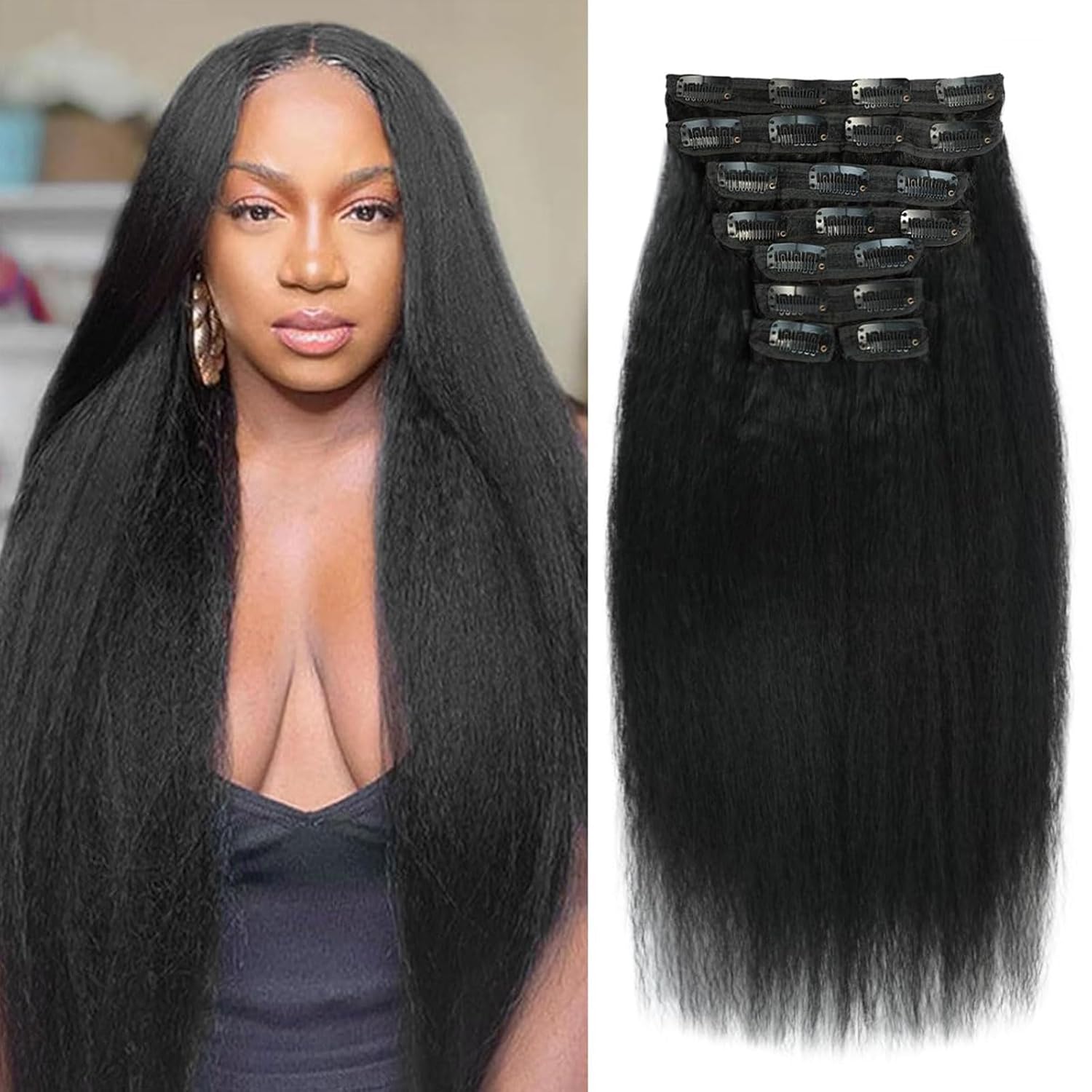 Kinky Straight Clip in Hair Extensions 16 Inch Human Hair Yaki Straight Clip ins Seamless Remy Human Hair Clip in Extensions for Women Natural Black 8Pcs 100g 20 Clips