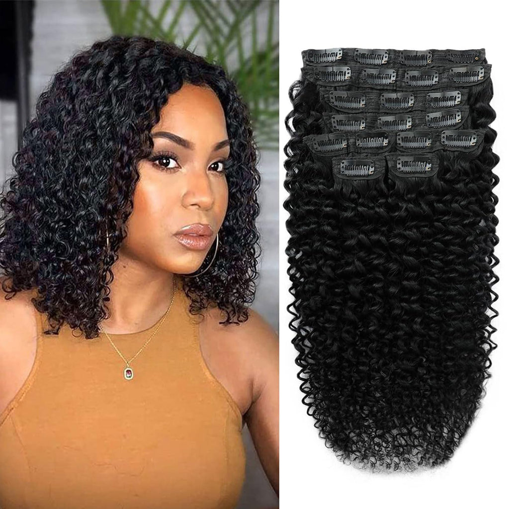 Kinky Straight Clip in Hair Extensions 16 Inch Human Hair Yaki Straight Clip ins Seamless Remy Human Hair Clip in Extensions for Women Natural Black 8Pcs 100g 20 Clips