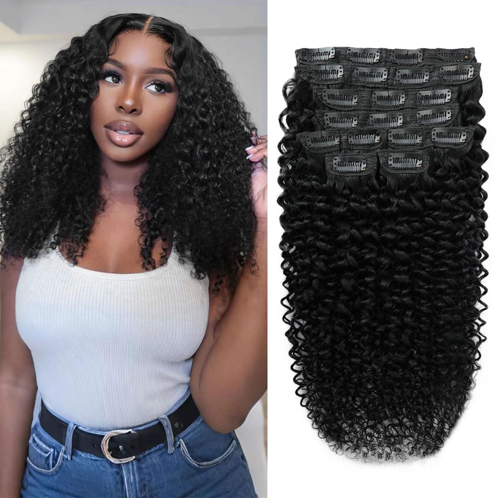 Kinky Straight Clip in Hair Extensions 16 Inch Human Hair Yaki Straight Clip ins Seamless Remy Human Hair Clip in Extensions for Women Natural Black 8Pcs 100g 20 Clips