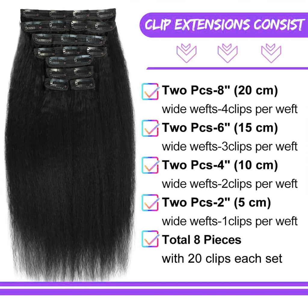 Kinky Straight Clip in Hair Extensions 16 Inch Human Hair Yaki Straight Clip ins Seamless Remy Human Hair Clip in Extensions for Women Natural Black 8Pcs 100g 20 Clips