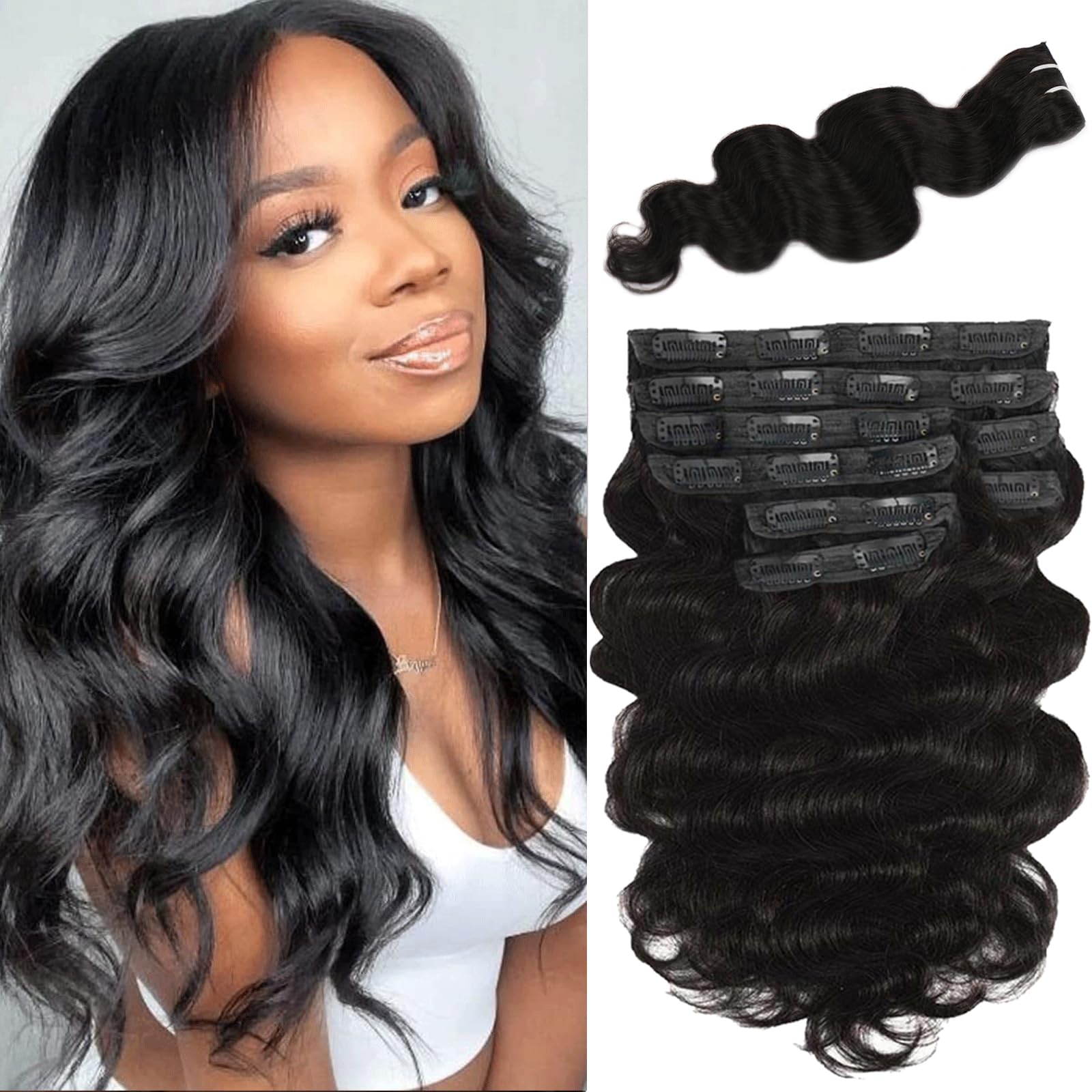 Kinky Straight Clip in Hair Extensions 16 Inch Human Hair Yaki Straight Clip ins Seamless Remy Human Hair Clip in Extensions for Women Natural Black 8Pcs 100g 20 Clips