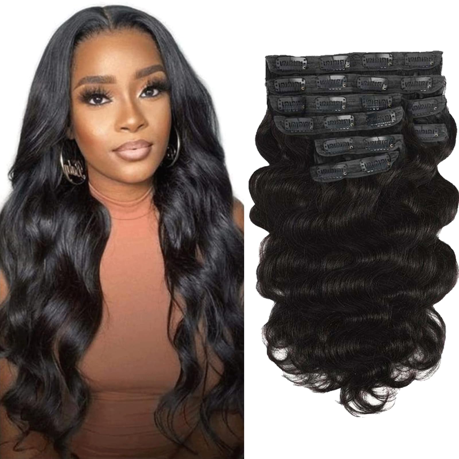 Kinky Straight Clip in Hair Extensions 16 Inch Human Hair Yaki Straight Clip ins Seamless Remy Human Hair Clip in Extensions for Women Natural Black 8Pcs 100g 20 Clips