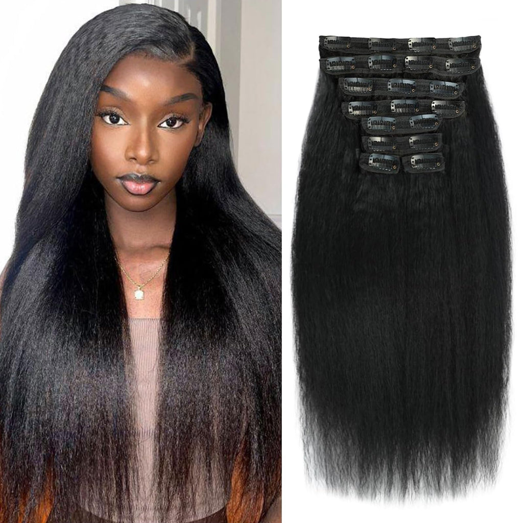 Kinky Straight Clip in Hair Extensions 16 Inch Human Hair Yaki Straight Clip ins Seamless Remy Human Hair Clip in Extensions for Women Natural Black 8Pcs 100g 20 Clips