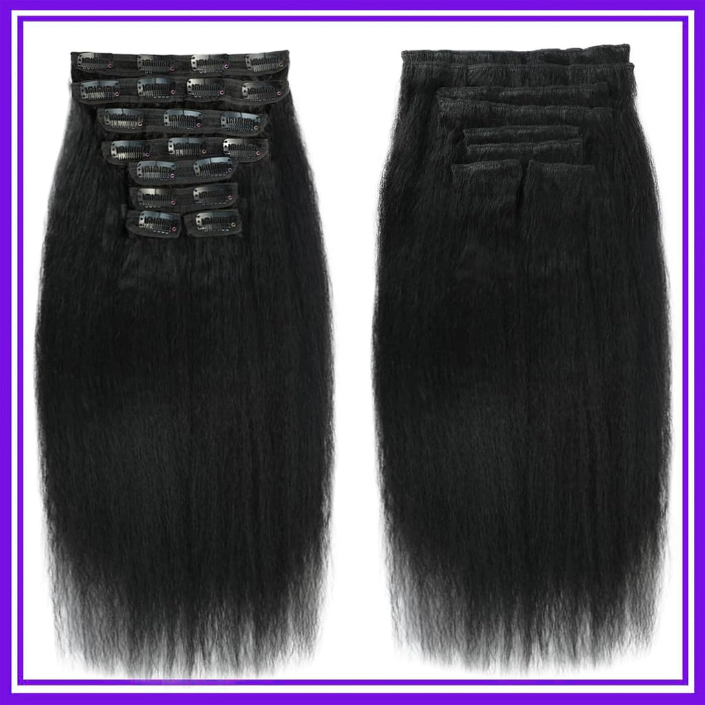 Kinky Straight Clip in Hair Extensions 16 Inch Human Hair Yaki Straight Clip ins Seamless Remy Human Hair Clip in Extensions for Women Natural Black 8Pcs 100g 20 Clips