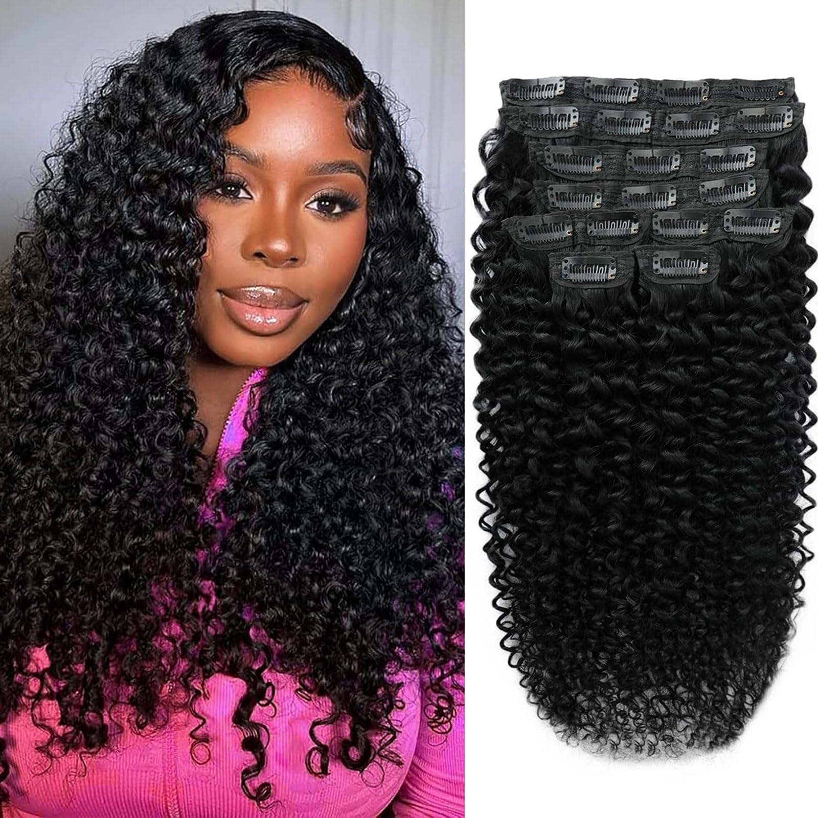 Kinky Straight Clip in Hair Extensions 16 Inch Human Hair Yaki Straight Clip ins Seamless Remy Human Hair Clip in Extensions for Women Natural Black 8Pcs 100g 20 Clips