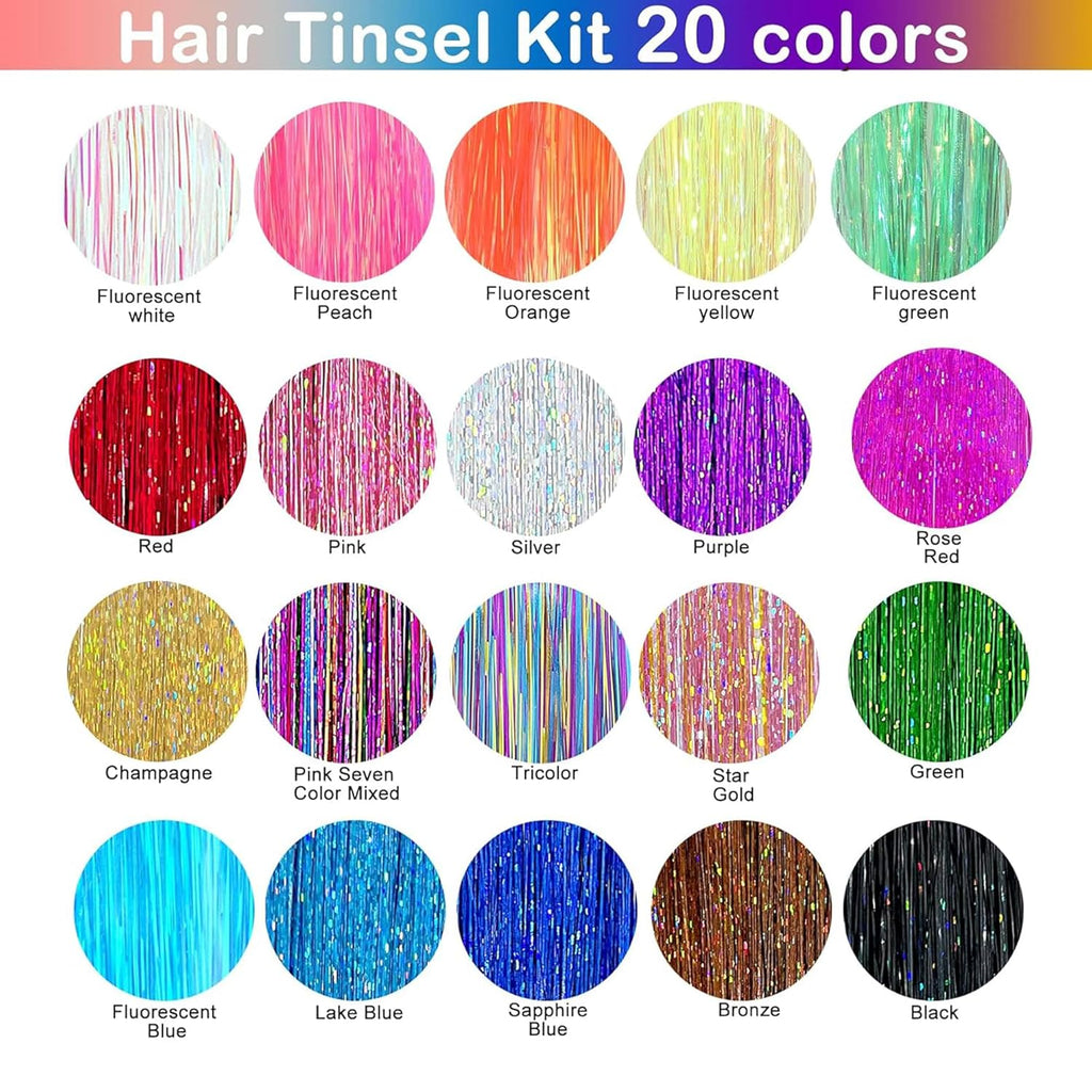 Hair Tinsel Kit (48 Inch,20 Colors,6000 strands), Tinsel Hair Extensions with Tools，Heat Resistant Fairy Hair Tinsel Kit for Women Girls Hair Accessories
