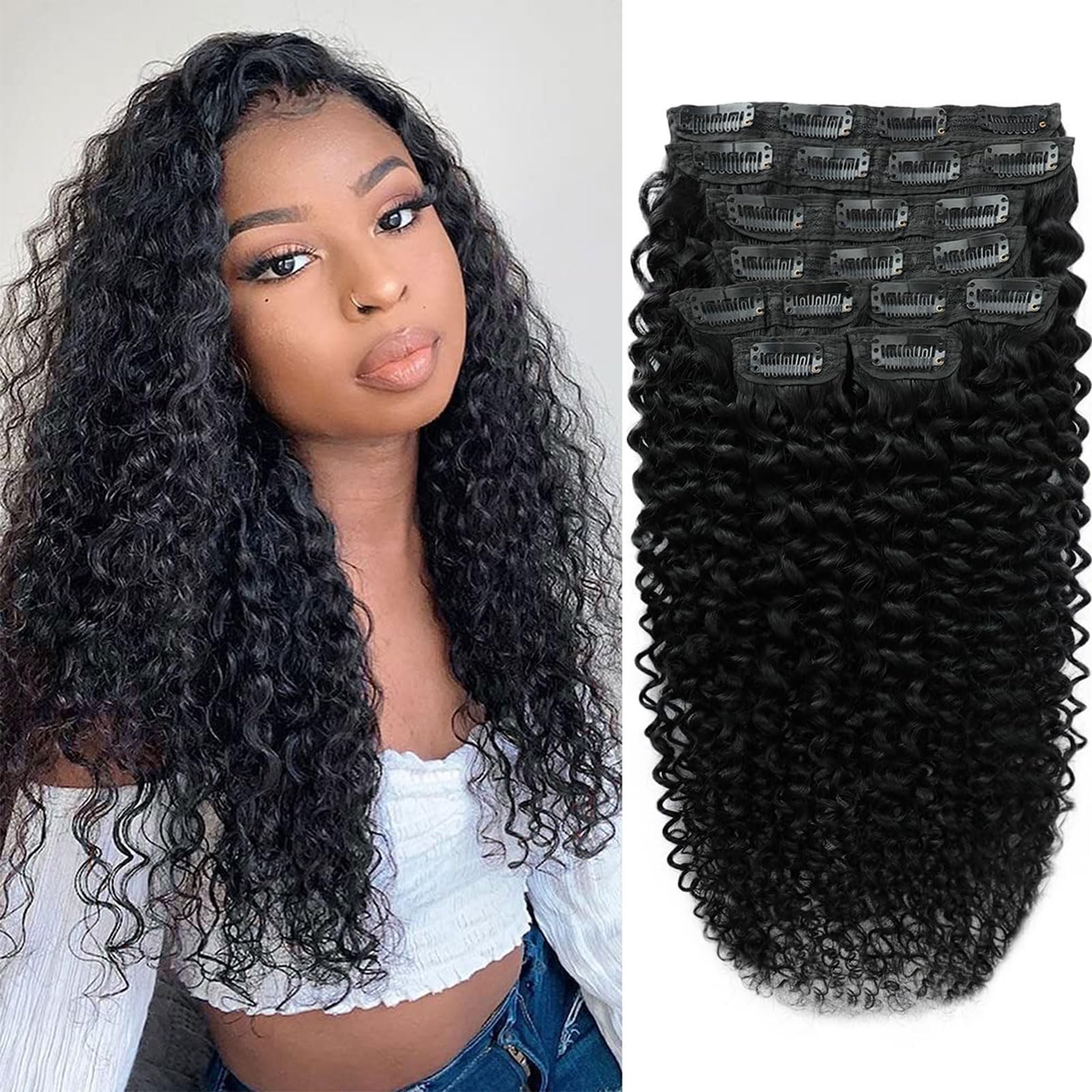 Kinky Straight Clip in Hair Extensions 16 Inch Human Hair Yaki Straight Clip ins Seamless Remy Human Hair Clip in Extensions for Women Natural Black 8Pcs 100g 20 Clips