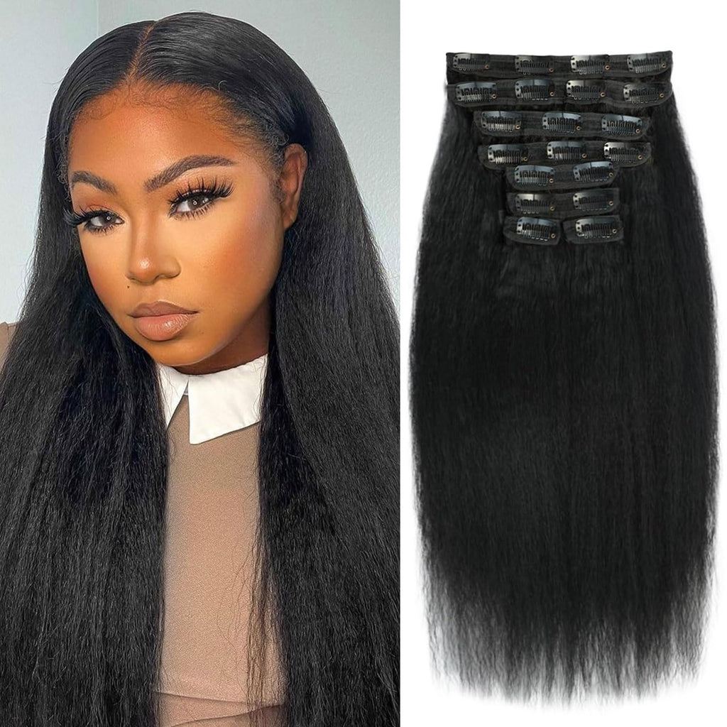 Kinky Straight Clip in Hair Extensions 16 Inch Human Hair Yaki Straight Clip ins Seamless Remy Human Hair Clip in Extensions for Women Natural Black 8Pcs 100g 20 Clips