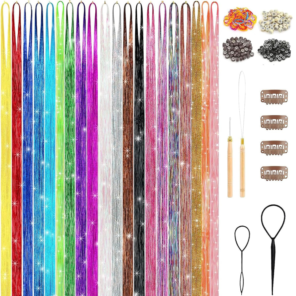 Hair Tinsel Kit (48 Inch,20 Colors,6000 strands), Tinsel Hair Extensions with Tools，Heat Resistant Fairy Hair Tinsel Kit for Women Girls Hair Accessories